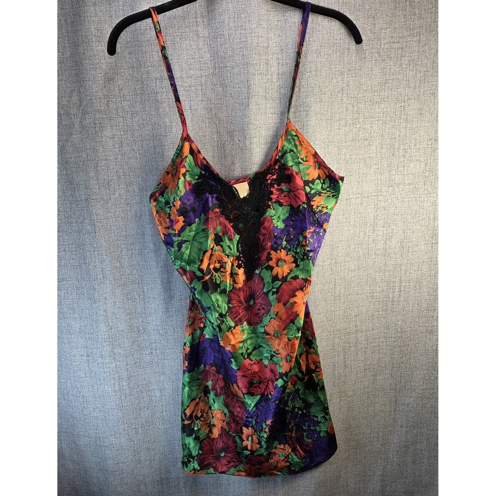 Vtg Victorias Secret Chemise Slip Nightgown Small Floral Satin Gold Label 90s US